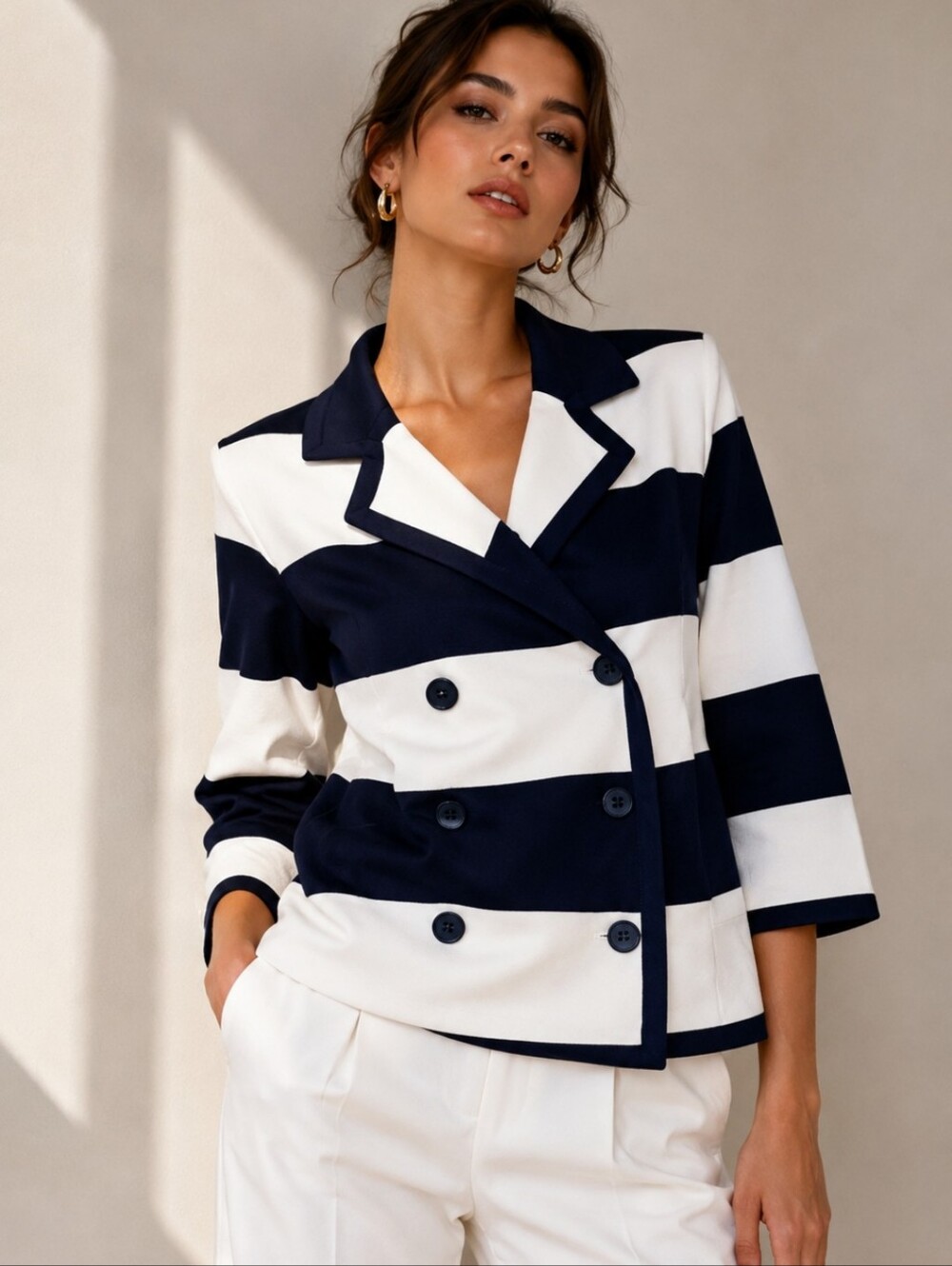 Lands' End Navy and White Striped Double-Breasted Cardigan